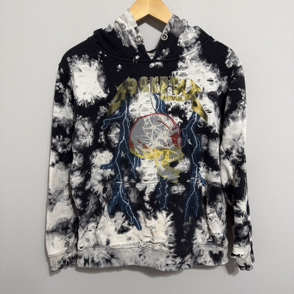 Rockstar Original Distressed Knit Graphic Hoodie Skull Lightning Grunge Size S